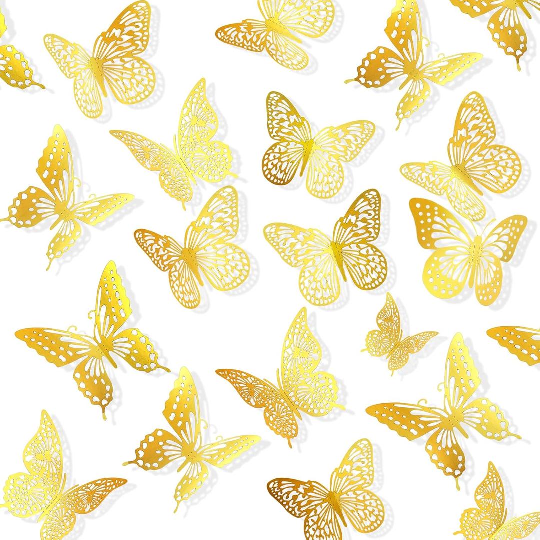 144 Piece 3D Butterfly Wall Decoration - Gold Butterfly Decor, 4 Styles, 3 Sizes, Removable Wall Stickers for Cake, Birthday, Party, Bedroom, Wedding