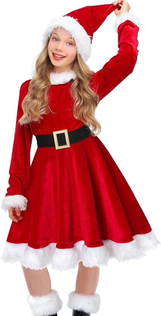Girls Mrs Claus Costume Christmas Dress Outfit Red Velvet Dress 4-10 Years (8-9 Years)