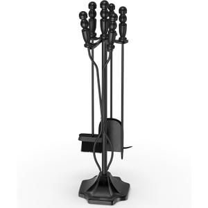 GameXcel 5PC Fireplace Tools Set - Fireplace Accessories Tool Set with Stand - 32" Wrought Iron Heavy Duty - Indoor Outdoor Fire Pit Wood Stove Hearth - Poker Tongs Shovel Brush - Black