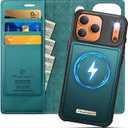 Wallet Case for iPhone 17 Pro Max Compatible with Magsafe, 2-in-1 PU Leather Flip RFID Blocking Card Holder Stand Shockproof Magnetic Detachable Cover for iPhone 17 Pro Max 6.9", Bluegreen