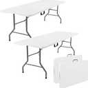 2 Pack 5 Feet Portable Folding Table White, Steel Legs Fold-in-Half with Carrying Handle Rectangular Plastic Foldable Table for Party, Wedding, Camping, Picnic, Dining, Indoor Outdoor Events (White)