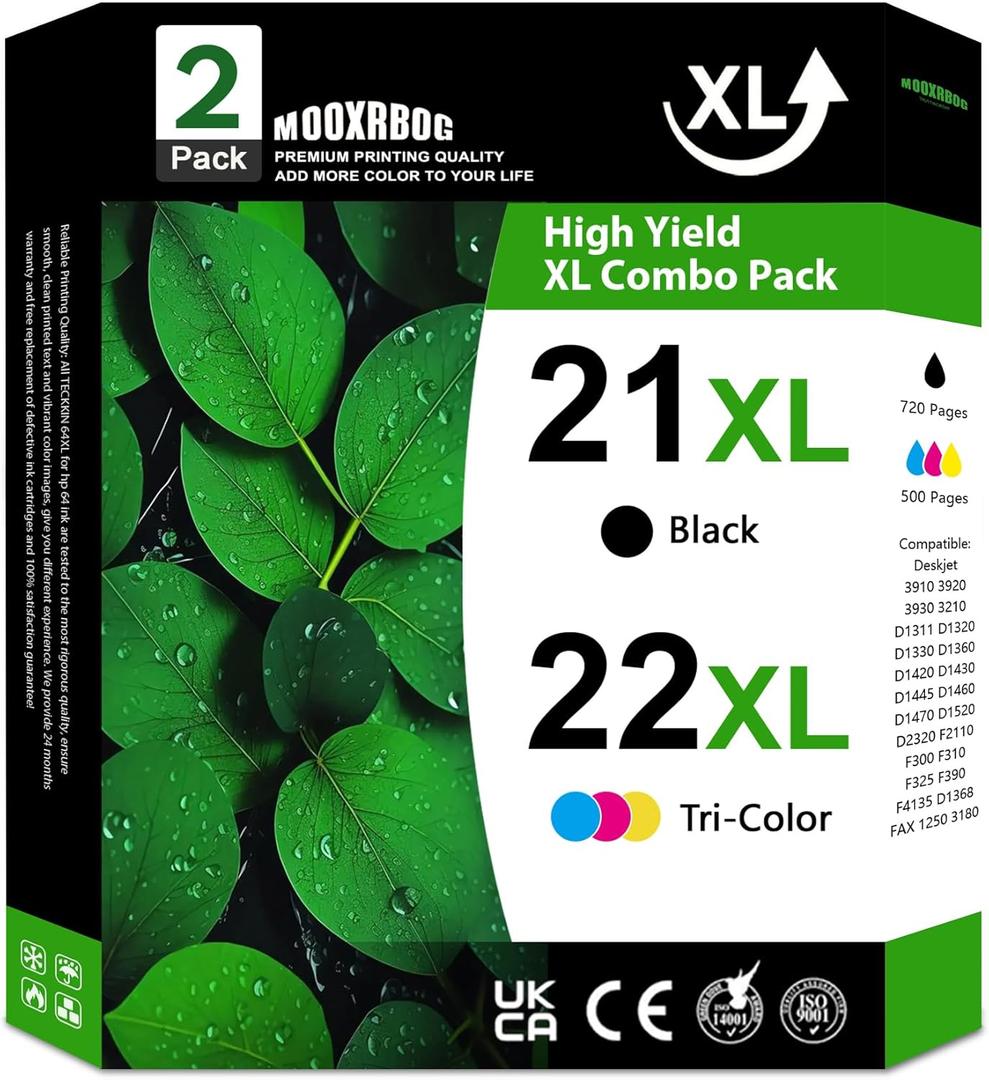 1XL 22XL Ink Cartridges (2-Pack, Black/Tri-Color) Replacement for HP 21 22 Ink Cartridges Work for OfficeJet 4315 J3680 DeskJet F2210 F4180 F380 F300 F4140 D1455 3940 PSC1410 Printer