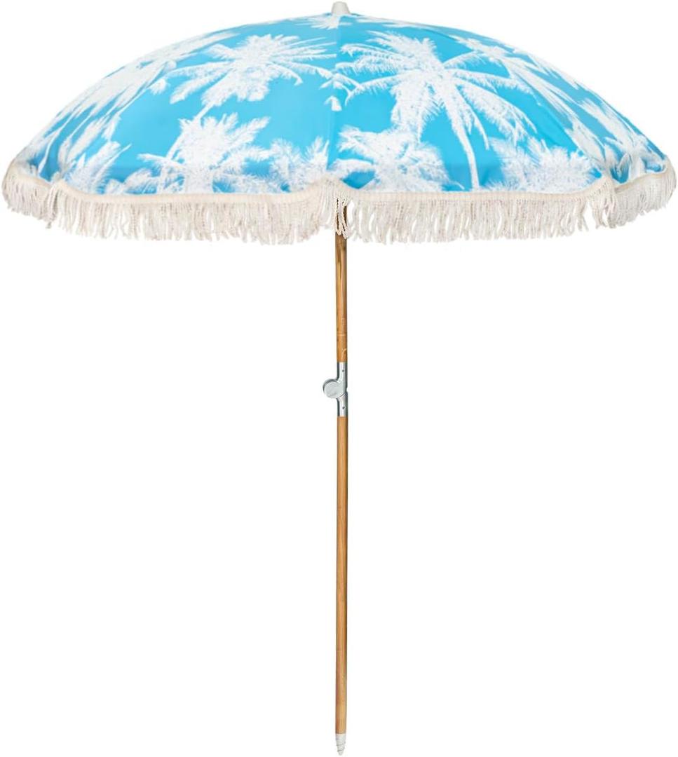 6.5Ft Boho Beach Umbrella with Fringe, Tassel Umbrellas with Tilting Wood Pole & Carrying Bag, UPF 50+ for Beach