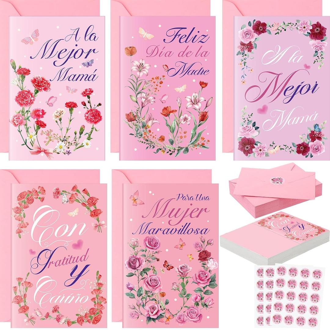 Eaasty 50 Sets Spanish Mother's Day Cards with Stickers and Envelopes Blank Inside Funny 5 Style Greeting Card Design