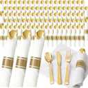 200Guests Pre Rolled Gold Plastic Silverware Sets - Heavy Duty Gold Cutlery - Include 200 Pack Wrapped Disposable Utensils with Napkins for Parties & Dinners & Weddings