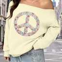 MYHALF Off the Shoulder Sweatshirt for Women Y2K Bow Graphic Pullover Tops Drop Shoulder Long Sleeve Cute Sweaters (S)