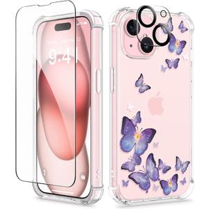 GVIEWIN for iPhone 15 Case, [3 in 1] with Screen Protector & Camera Lens Protector, Clear Soft Shockproof Slim Fit Floral Phone Cover for Women Girls 2023 6.1" (Alluring Butterfly/Purple)