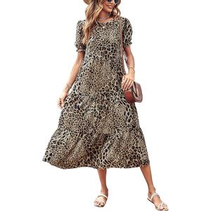 PRETTYGARDEN Summer Dresses for Women 2026 Casual Floral Boho Midi Sun Dress Puff Short Sleeve Flowy Beach Vacation Sundress, M