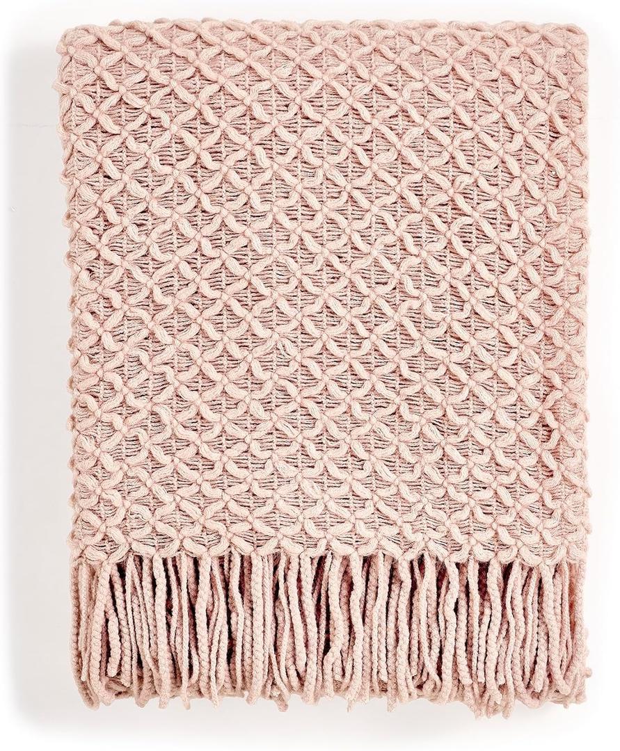 CREVENT Farmhouse Boho Knitted Throw Blanket for Couch Sofa Chair Bed Home Decoration, Soft Warm Cozy Light Weight for Spring Summer Fall (50''X60'' Blush Pink)