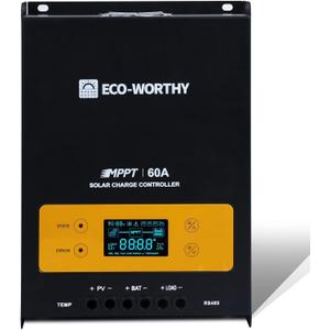 ECO-WORTHY 60A MPPT Solar Charge Controller 12/24/36/48V DC Input & Digital OLCD Display & Temp Sensor & Mount Ground, 99% Charging Efficiency Solar Regulator for Lithium/GEL/Flooded Battery, USB-RJ45