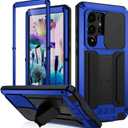 FW Samsung Galaxy S23 Ultra Metal Case with Slide Camera Cover Built in Screen Protector Full Body Hybrid S23 Ultra Case Metal Kickstand Military Heavy Duty Armor Silicone Case for Man Woman (Blue)