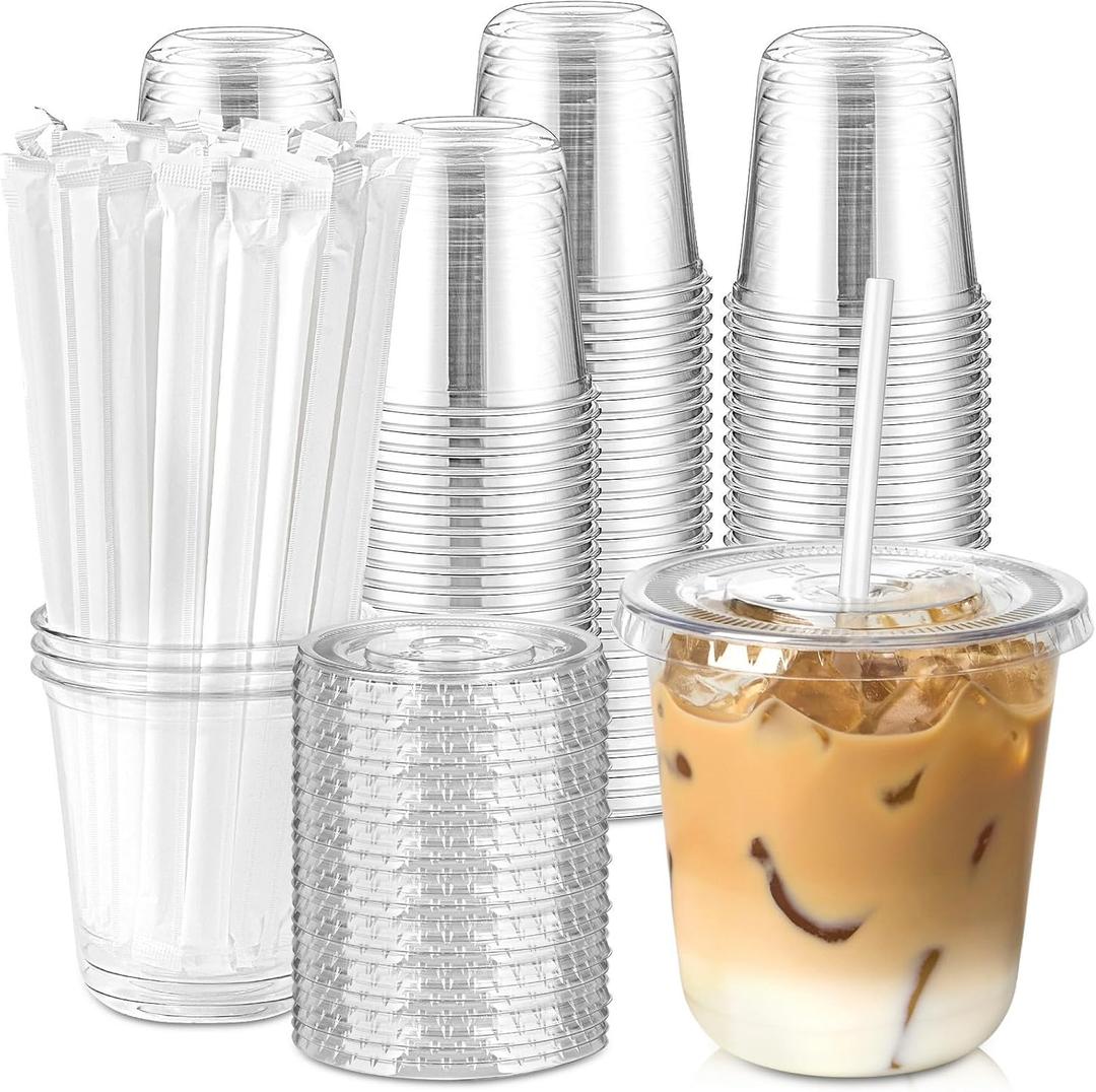 [100 Sets - 12oz Round Bottom Clear Plastic Cups with Lids and Straws, Disposable Iced Coffee Cups with Lids To Go Cold Drink Cups for Smoothies, Juices, Party Catering
