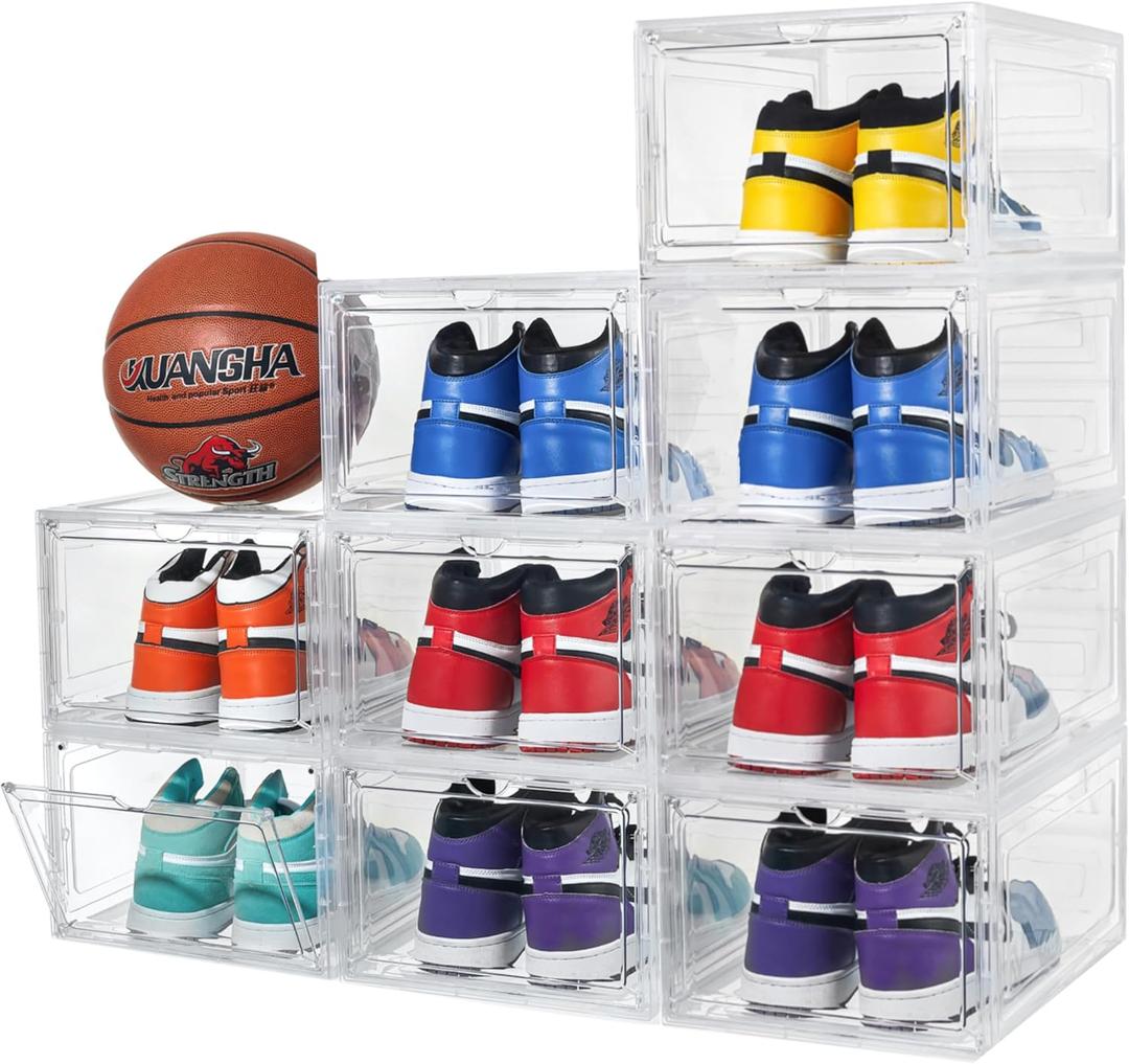 Attelite X-Large Clear Plastic Shoe Boxes - Stackable Shoe Organizer with Magnetic Door (9 Pack, Clear White)