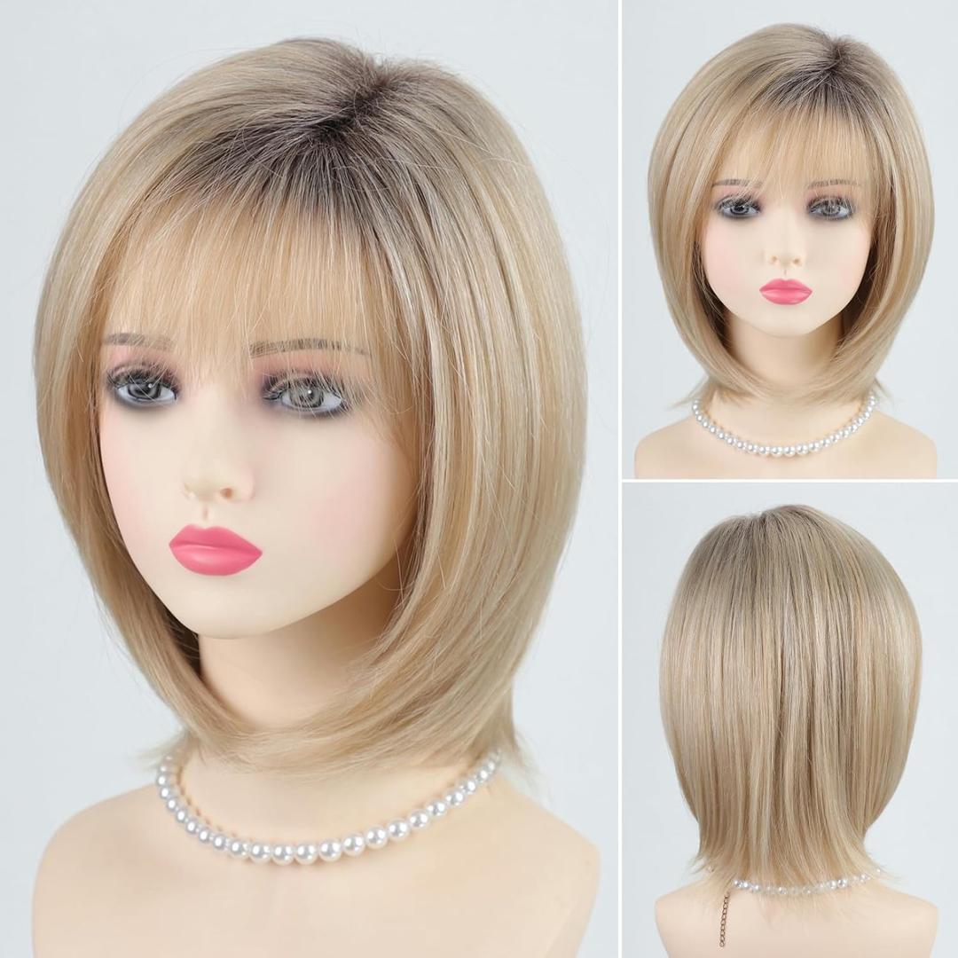 RENERSHOW Layered Blonde Bob Wig with Bangs Short Hair Wigs for White Women Natural Ombre Blond Straight Heat Synthetic 12 Inch Medium Length Bobo Adjustable Average Cap Daily to Party Tangle-Free