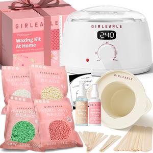 GIRLEARLE White Digital Waxing Kit for Women and Men Sensitive Skin, Wax Warmer Hair Removal at Home with Wax Beads & Silicone Pot, Target Different Types of Brazilian Bikini, Facial, Leg, Full body