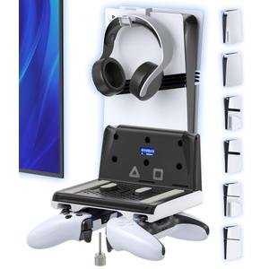 P5 Wall Mount Kit with Controller Holder Compatible with P5/Slim/Pro Disc & Digital, Pa5 Mount Floating for Gaming Accessories, Compact Pa5 Vertical Wall Shelf Organizer Bracket with Headphone Hook