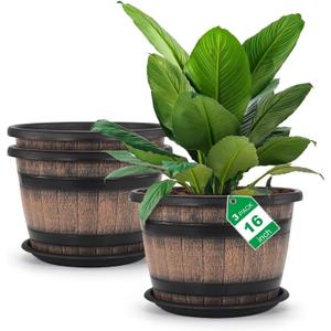 Quarut Large Plastic 3 Pack16 inch Plant Pots,Whiskey Barrel Planters with Drainage Holes & Saucer.Flower Pots Imitation Barrel Design for Indoor & Outdoor Garden Balcony Plants.7 Gallons(Brown)