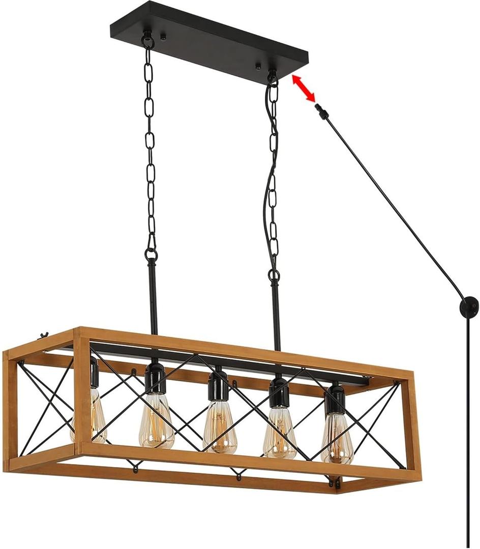 DECOLUCE Pendant Lights Kitchen with Plug in Cord Detachable, 5-Light Farmhouse Dining Room Light Fixture Over Table, Vintage Rectangular Chandeliers for Dining Room Lighting Dcor, Black, 5- light wood