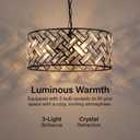 16" Drum Crystal Chandelier, Modern Black Pendant Light with Adjustable Chain, 3-Light E26 Fixture for Dining Room, Bedroom, Hallway & Foyer, Bulbs Not Included
