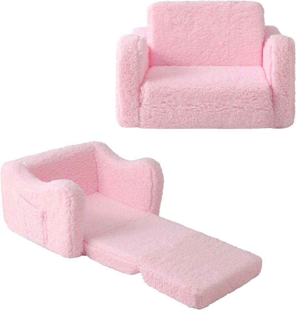 MAMAJOVE Kids Sofa for Toddler 1-3 Years, 2-in-1 Convertible Recliner & Lounger, Soft Sherpa Baby Couch for Girl and Boy, Baby Sofa Chair Fold Out Toddler Chair (Pink)
