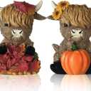 Wesiti 2 Pcs Thanksgiving Decor Highland Cow Resin Figurine Pumpkin Maple Leaf Highland Cow Gnomes Scottish Statues Calf Lovers Gifts for Fall Autumn Home Garden Kitchen Office Tiered Tray Table Decor