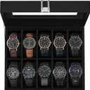 SONGMICS Watch Box, 10-Slot Watch Case with Large Glass Lid, Removable Watch Pillows, Watch Box Organizer, Gift for Loved Ones, Black Synthetic Leather, Black Lining
