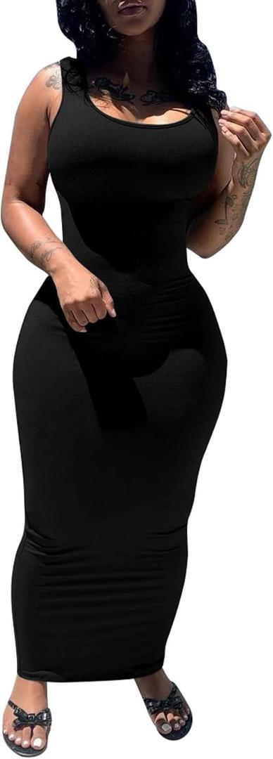 PINSV Women's Sexy Bodycon Tank Dress Basic Sleeveless Long Maxi Dresses Party Club Beach Sundresses (Black, L)
