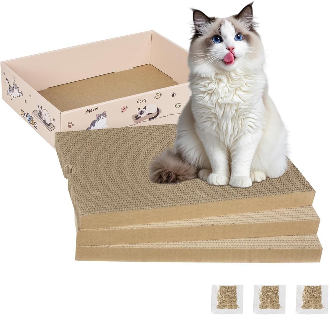 Cat Scratcher Pad with Box, Reversible Corrugated Cardboard Scratch Pad, Kitten Scratching Board with Catnip, Durable Recycle Scratching Pads (Small Pad: 13.78" x9.53" x1", Pattern Two-3 PCS)