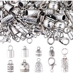 SUNNYCLUE 1 Box 230pcs Tassel Cord End Caps Kumihimo Cord Ends Antique Silver Tibetan Crimp Glue in Barrel Leather Thread End Terminator Tips with Lobster Clasp for Jewelry Making Kits Bracelets DIY