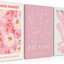 Djmwtb Matisse Picasso Abstract Canvas Wall Art Framed Set of 3 Pink Flower Market Poster Prints Aesthetic Pictures Modern Minimalist Wall Decor Painting for Living Room Bedroom Bathroom 16"x24"x3