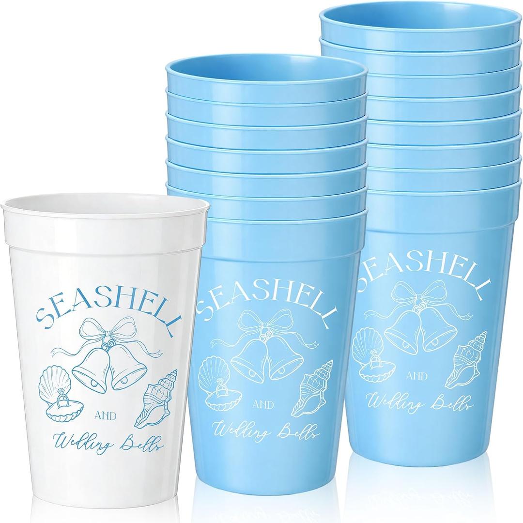 Yungyan 20 Pcs 12 oz Bachelorette Party Plastic Cups Reusable Drinking Cups Bridal Party Supplies for Wedding Bridal Bridesmaids (Seashell Bell,Blue)