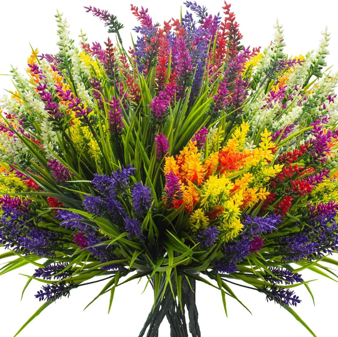 Grunyia Artificial Lavender Plants with Mixed Color Flowers, 20 Bundles, Outdoor Decorative Grass