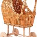 Woven Rattan Stroller Shaped Flower Basket, Vintage Wicker Baby Carriage Planter for Floral Arrangements, Baby Shower Wedding Party Decor, Photography Props, Floral Rustic Home Decor (Large Style B)