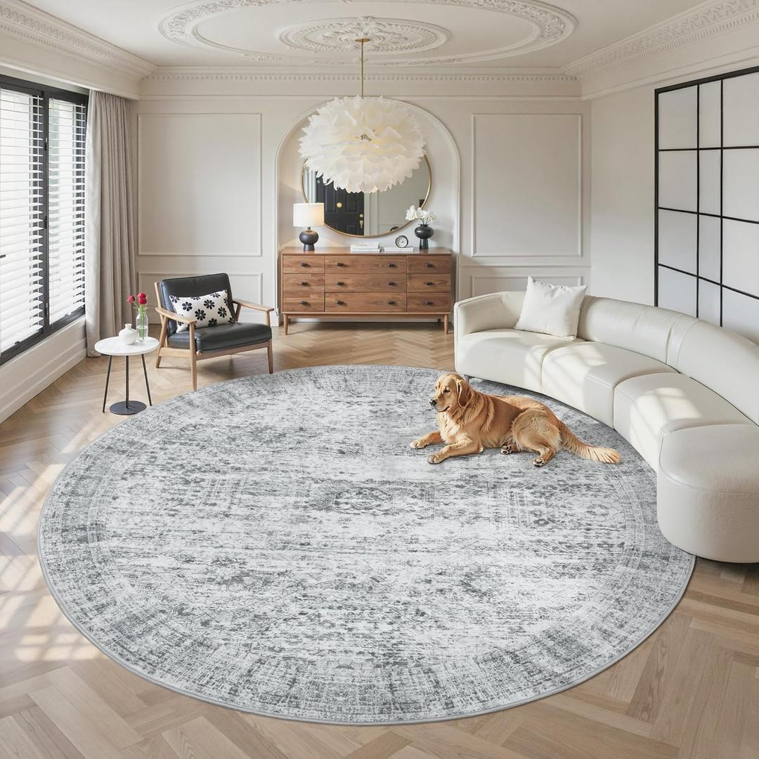 Soalmost 9x9 Grey Round Rug 9ft Living Room Circle Rug Vintage Round Area Rug Non Slip Indoor Carpet for Apartment