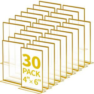 30 Pcs Gold Acrylic Sign Holder 4 x 6 Inch, Gold Picture Frames Double Sided Clear Wedding Table Number Holders for Wedding Restaurant Office Home Store Numbers Signs  (4 x 6 inch)
