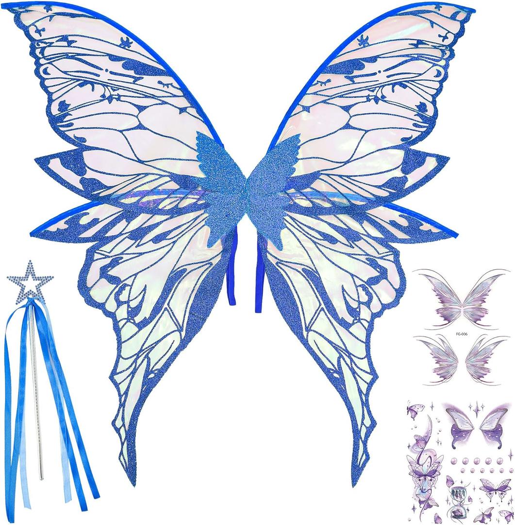 Fairy Wings Costume Set for Adults - Cosplay Accessories with 31.5"x29.5" Butterfly Wings for Halloween, Party (Blue)