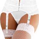 ohyeah Plus Size High Waist Garter Belt Set Lace Mesh Suspender Belt with 6 Vintage Metal Clip for Stockings (Medium-Large, White)