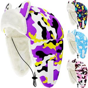 Dog Winter Hats for Small Dog Girl Trapper Hats with Ear Cover Soft Fleece with Adjustable Elastic Cord Purple Camo S