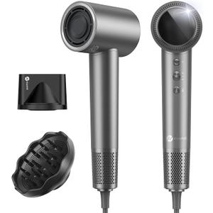 slopehill 110,000 RPM Professional Hair Dryer - 0.8lb Ultra-Lightweight, 2 Billion Ion Technology for 98% Frizz Reduction, AI Smart-Temp Control, Magnetic Attachments for All Hair Types (Dark Grey)