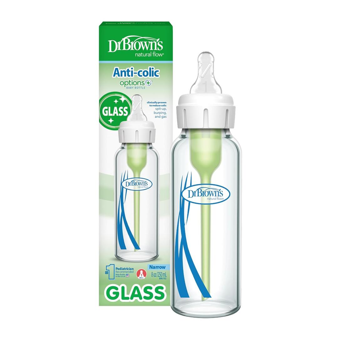 Dr. Browns Natural Flow Anti-Colic Options+ Narrow Glass Baby Bottle 8 oz/250 mL, with Level 1 Slow Flow Nipple, 0m+