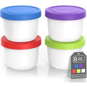 BALCI - 8oz Mini Ice Cream Containers with Silicone Lids (Set of 4) - Freezer Food Storage Containers, Reusable, LeakProof, For Homemade IceCream Containers - Blue, Red, Green, Purple
