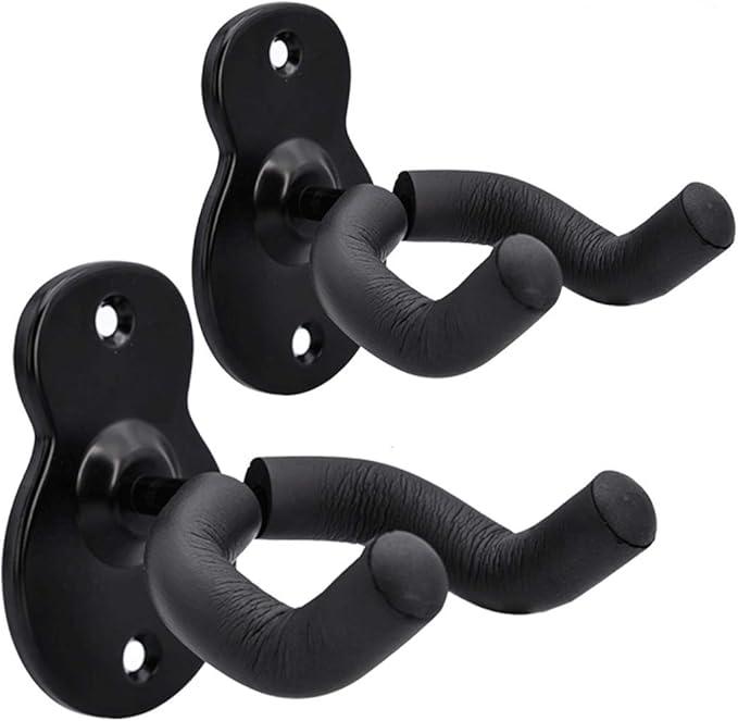 Sound Harbor Guitar Wall Mount Hanger 2 Pack Hook Acoustic Electric Bass Guitar Wall Hanger Black Metal Guitar Holder