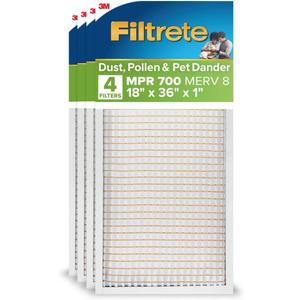 Filtrete 18x36x1 AC Furnace Air Filter, MERV 8, MPR 700, Tough on Pollen, Easy on Airflow, 3-Month Pleated 1-Inch Electrostatic Air Cleaning Filter, 4-Pack (Actual Size 17.81 x 35.81 x 0.65 in)
