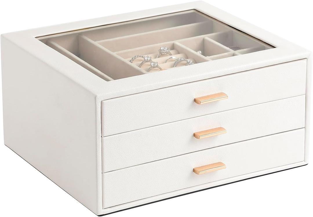Jewelry Box with Glass Lid,3-Layer Jewelry Boxes for Women,PU Leather Jewelry Organizer with 20-Grid Earring Drawer & Movable Dividers for Necklaces Rings - Cloud White
