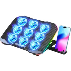 Laptop Cooling Pad, Gaming Laptop Cooler with 9 Quiet Fans, Laptop Cooling Stand for 12-17 Inch, Laptop Computer Fan with 5 Height Adjustable,2 USB Ports,1 Phone Stand (Colorful Lights)