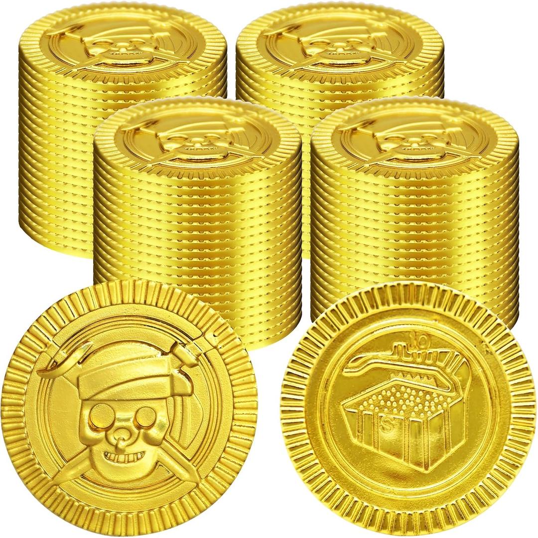 100 Pieces Pirate Gold Coins Set - Plastic Play Fake Golden Coin Bulk for Kids, Pirate Themed Treasure Hunt Toys Party Favors, St. Patrick's Day Decorations