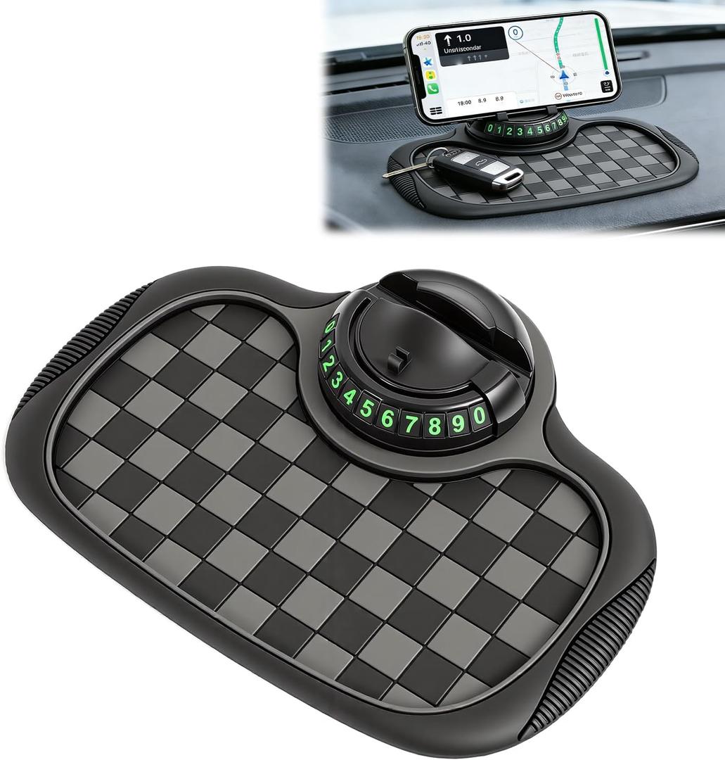 Multifunction Car Anti-Slip Mat, 360 Rotatable Phone Holder Dashboard Pad with Temporary Parking Number, Universal Anti-Slip Car Dashboard Mat for Phones Keys Sunglasses Gadgets (Black)