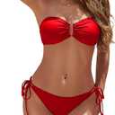 YACUN Women's 2 Piece Strapless Bandeau Bikini Set U-Wire Cheeky Bathing Suit Lace up Swimsuits (Large, Red)