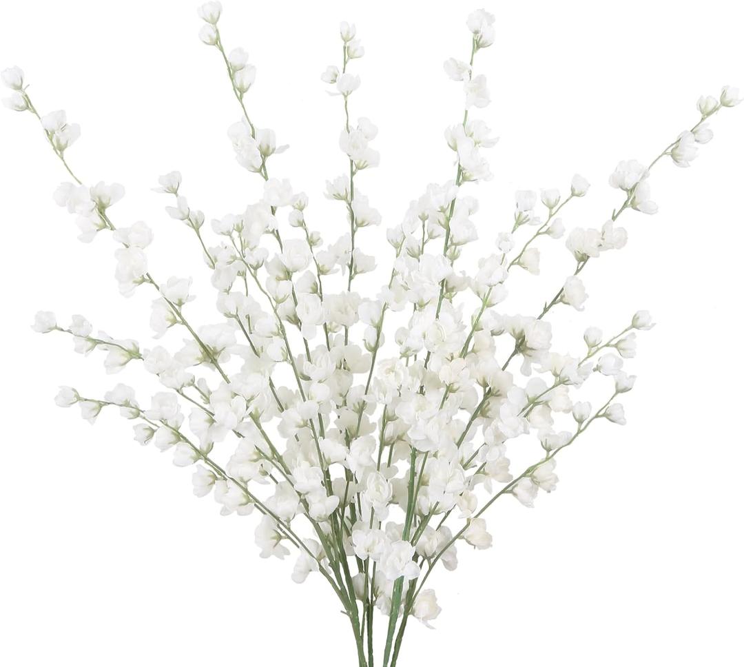 IPOPU White Delphinium Artificial Flowers,5PCS Silk Larkspur Faux Flowers 45.6in Tall Fake Flowers for Floor Vase Table Centerpieces Wedding Home Decor (White)