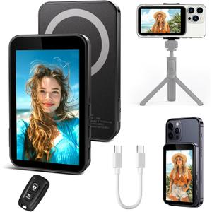Vlog Selfie Monitor Screen, Wireless Magnetic Phone Selfie Monitor Screen for Rear/Back Camera for Vlog Live Stream TikTok, Built-in Speaker, Compatible with iPhone & Android (Black)